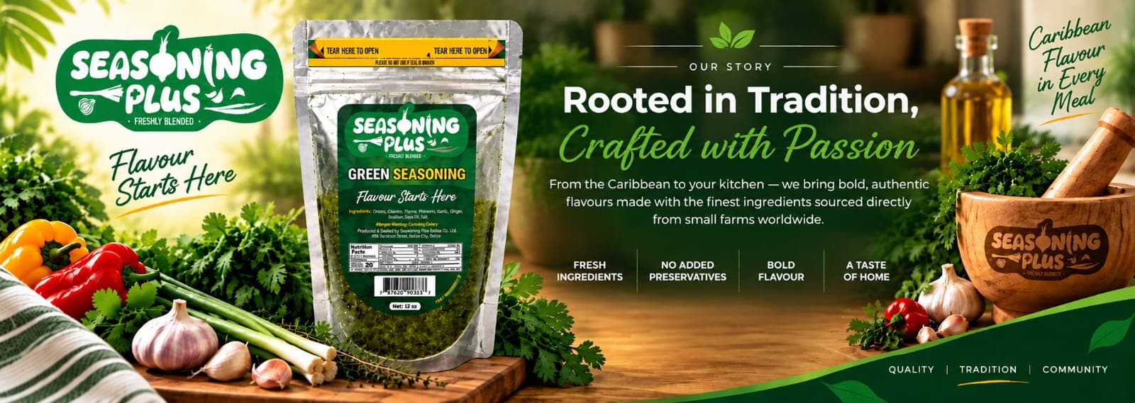 Seasoning Plus β Rooted in Tradition, Crafted with Passion. Freshly blended green seasoning with no added preservatives, bold flavour, a taste of home.
