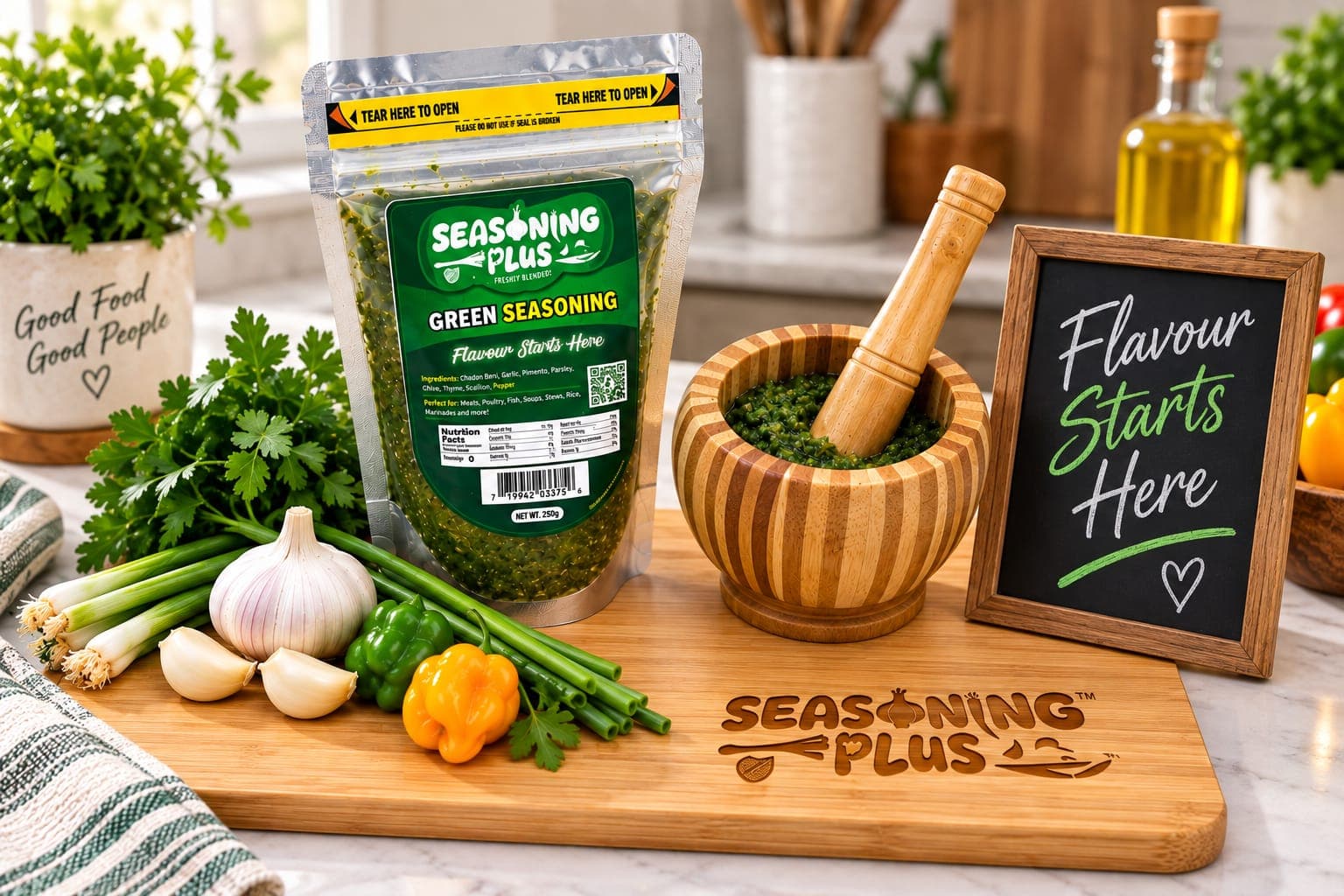 Seasoning Plus green seasoning pouch with garlic and mortar and pestle on a wooden board