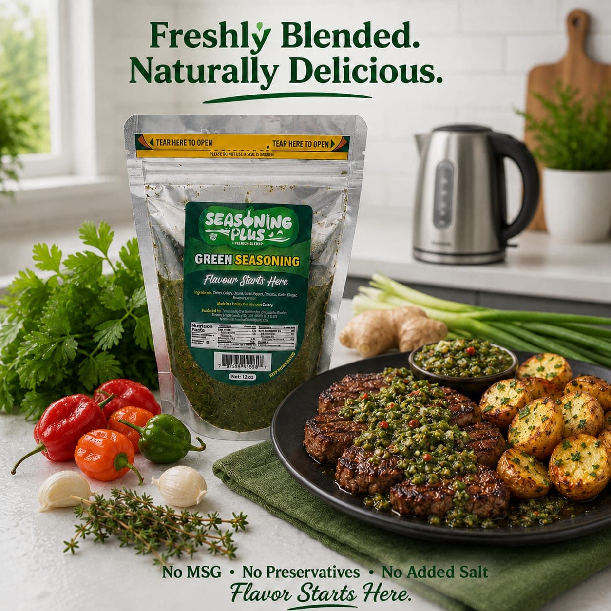 Seasoning Plus green seasoning with grilled steak, roasted potatoes, and fresh herbs β freshly blended, naturally delicious